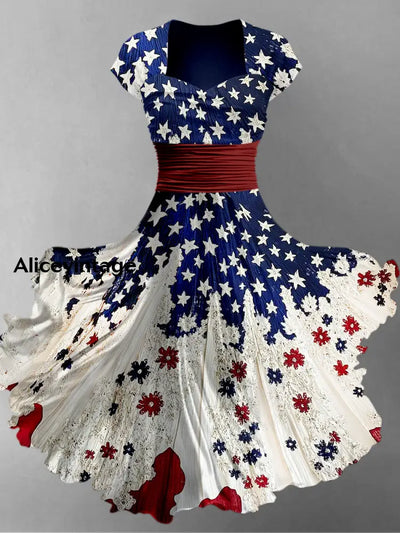 Retro American Flag Boho Floral Art Printed Vintage V-Neck Pleated Waist Short Sleeve Midi Dress A / S