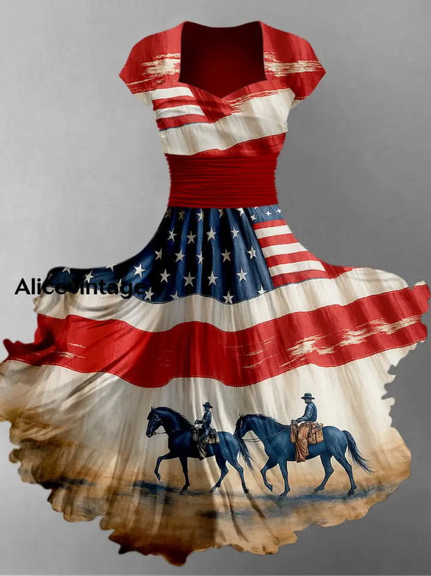 Retro American Flag Boho Floral Art Printed Vintage V-Neck Pleated Waist Short Sleeve Midi Dress A / S