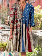 Retro American Flag Boho Floral Print Vintage Chic V-Neck Cotton Long Sleeve Midi Dress A / S