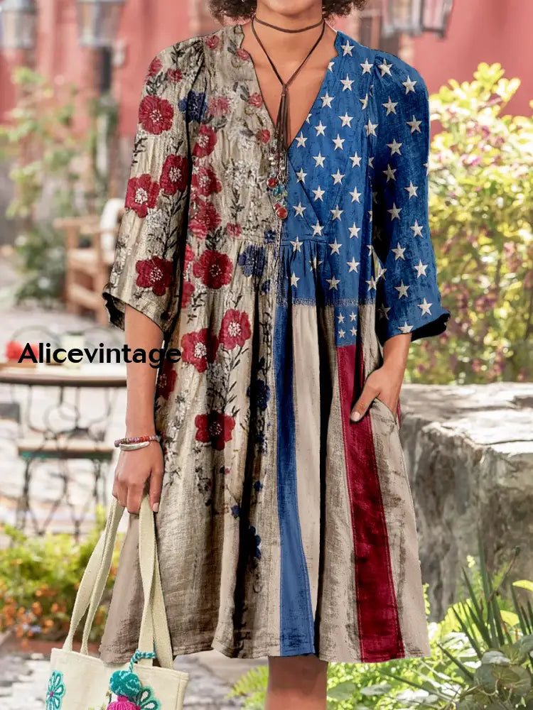 Retro American Flag Boho Floral Print Vintage Chic V-Neck Cotton Long Sleeve Midi Dress A / S