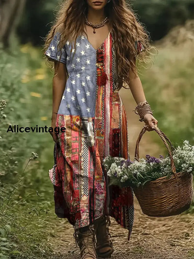 Retro American Flag Boho Floral Print Vintage Chic V-Neck Cotton Short Sleeve Midi Dress A / S