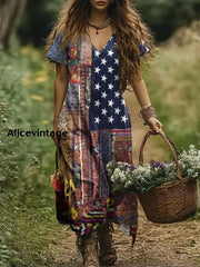 Retro American Flag Boho Floral Print Vintage Chic V-Neck Cotton Short Sleeve Midi Dress A / S