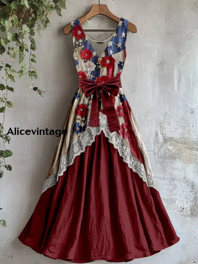 Retro American Flag Boho Floral Art Print Vintage V-Neck Lace Patch Sleeveless Maxi Dress A / S