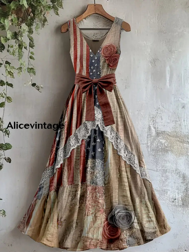 Retro American Flag Boho Floral Art Print Vintage V-Neck Lace Patch Sleeveless Maxi Dress A / S