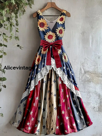Retro American Flag Boho Floral Art Print Vintage V-Neck Lace Patch Sleeveless Maxi Dress A / S