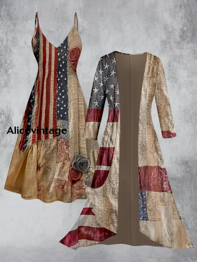Retro American Flag Floral Art Printed Vintage Camisole Dress Long Sleeve Two-Piece Midi Dress A / S