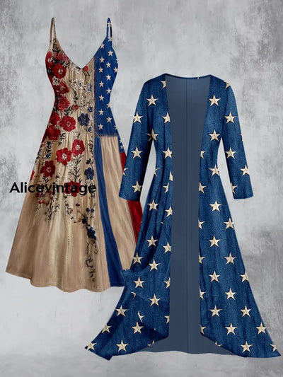 Retro American Flag Floral Art Printed Vintage Camisole Dress Long Sleeve Two-Piece Midi Dress A / S