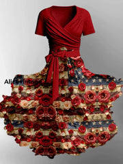 Retro American Flag Floral Art Printed Vintage Cross Fold Short Sleeve Two-Piece Midi Dress A / S
