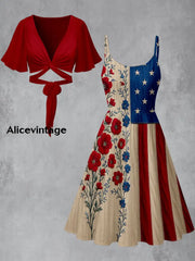Retro American Flag Floral Art Printed Vintage Cross Fold Short Sleeve Two-Piece Midi Dress A / S