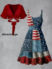 Retro American Flag Floral Art Printed Vintage Cross Fold Short Sleeve Two-Piece Midi Dress A / S