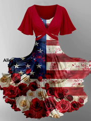 Retro American Flag Floral Art Printed Vintage Cross Fold Short Sleeve Two-Piece Midi Dress A / S