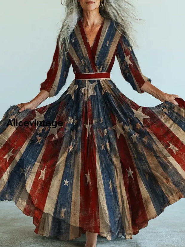 Retro American Flag Floral Art Printed Vintage V-Neck Long Sleeves Maxi Dress A / S