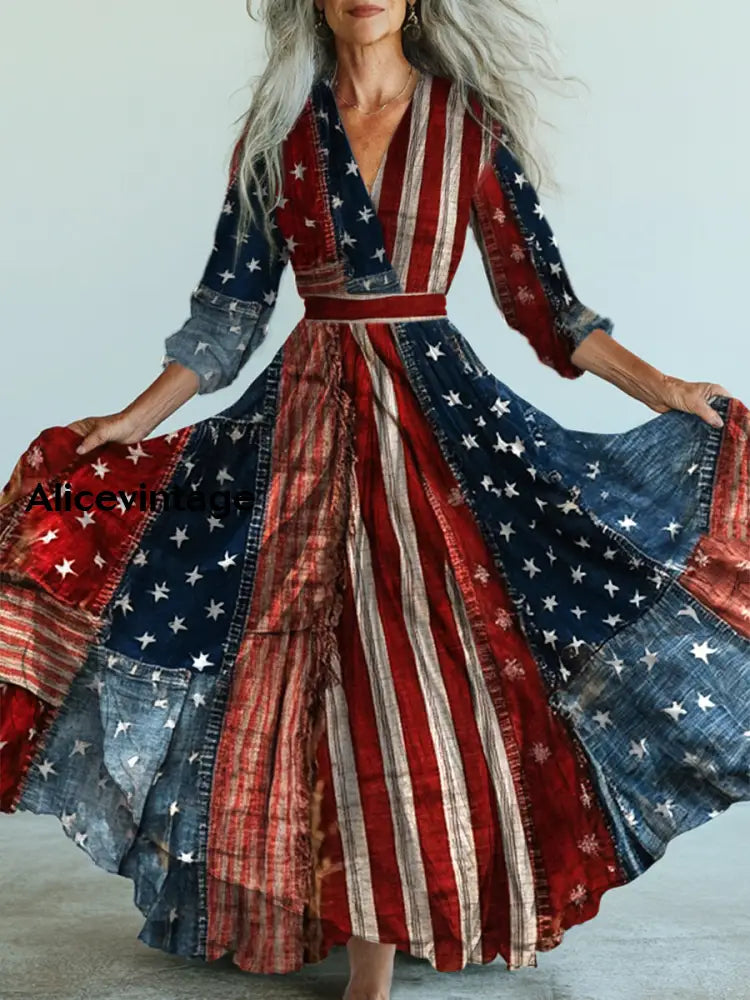 Retro American Flag Floral Art Printed Vintage V-Neck Long Sleeves Maxi Dress A / S