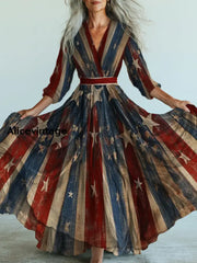 Retro American Flag Floral Art Printed Vintage V-Neck Long Sleeves Maxi Dress A / S