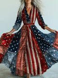 Retro American Flag Floral Art Printed Vintage V-Neck Long Sleeves Maxi Dress A / S