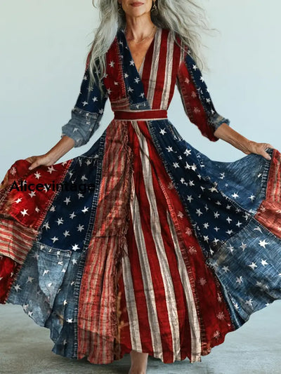 Retro American Flag Floral Art Printed Vintage V-Neck Long Sleeves Maxi Dress A / S