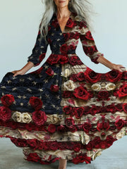 Retro American Flag Floral Art Printed Vintage V-Neck Long Sleeves Maxi Dress A / S