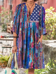 Retro American Flag Print Vintage Chic V-Neck Cotton Long Sleeve Midi Dress A / S