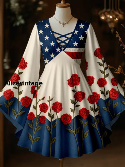 Retro American Floral Art Print Vintage Elegant Hollow Cut V-Neck Long Sleeve Top A / XS