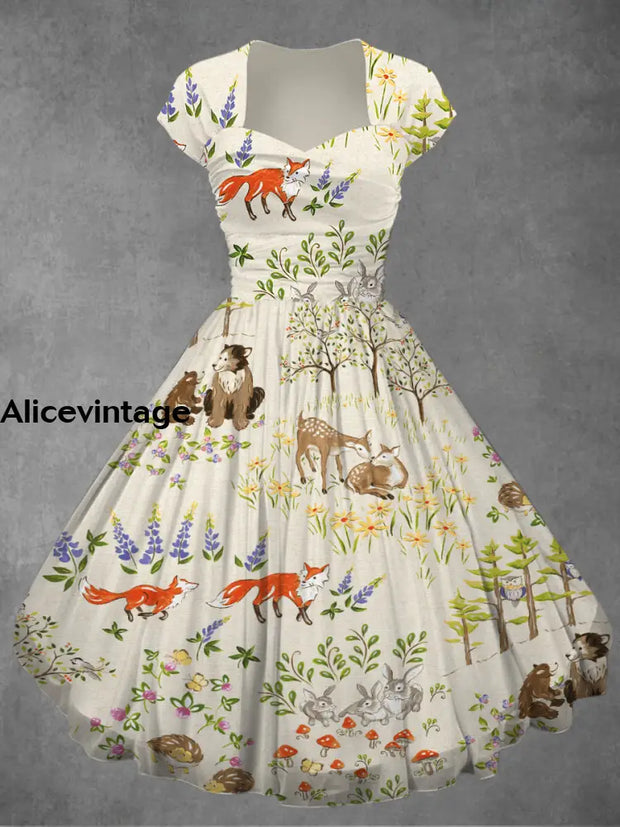 Retro Animal Art Print Elegant Chic Short Sleeve Midi Dress A / S