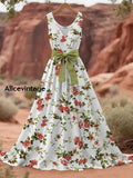 Retro Applique Boho Floral Art Print V-Neck Sleeveless Cotton Maxi Dress A / S