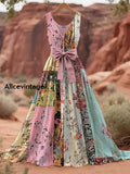 Retro Applique Boho Floral Art Print V-Neck Sleeveless Cotton Maxi Dress A / S