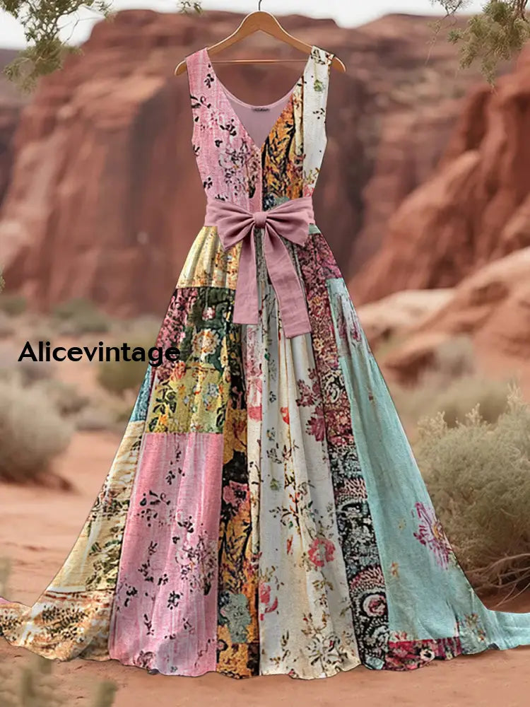 Retro Applique Boho Floral Art Print V-Neck Sleeveless Cotton Maxi Dress A / S