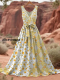Retro Applique Boho Floral Art Print V-Neck Sleeveless Cotton Maxi Dress A / S