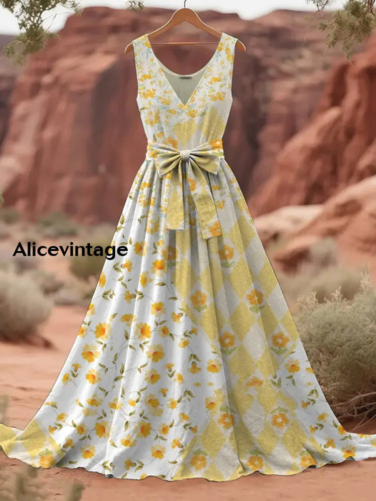 Retro Applique Boho Floral Art Print V-Neck Sleeveless Cotton Maxi Dress A / S
