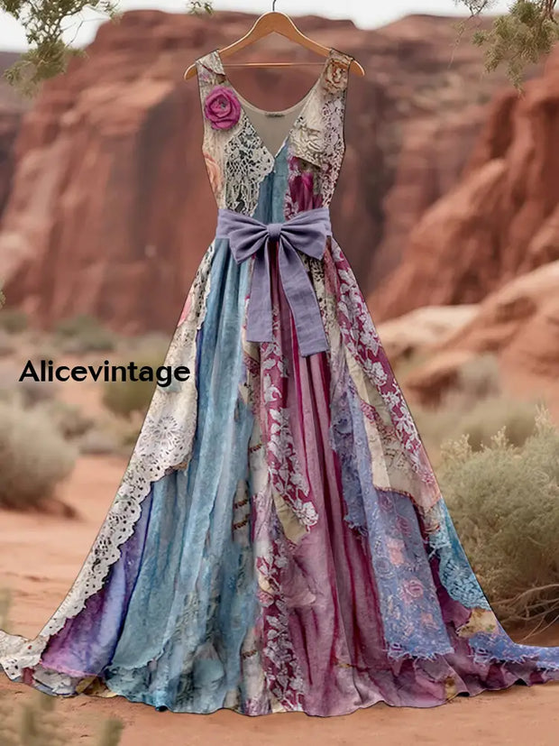 Retro Applique Floral Art Print V-Neck Sleeveless Cotton Maxi Dress A / S