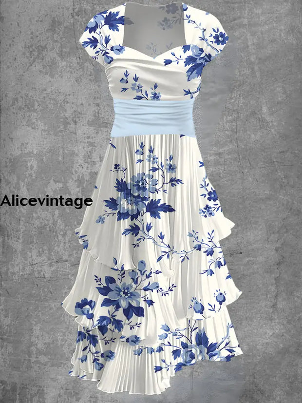 Retro Art Floral Print 50S Elegant Chic Short Sleeve Cake Mid-Length Dress A / S