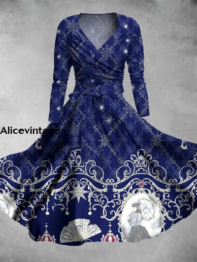 Retro Art Print V-Neck Long Sleeve Two-Piece Midi Dress A / S