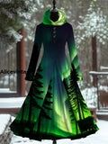 Retro Aurora Art Print Hooded Patchwork Long Sleeve 50S Elegant Slim Fake Two-Piece Midi Dress A / S