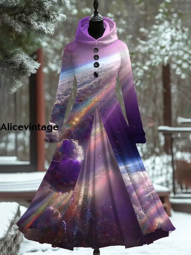 Retro Aurora Art Print Hooded Patchwork Long Sleeve 50S Elegant Slim Fake Two-Piece Midi Dress A / S