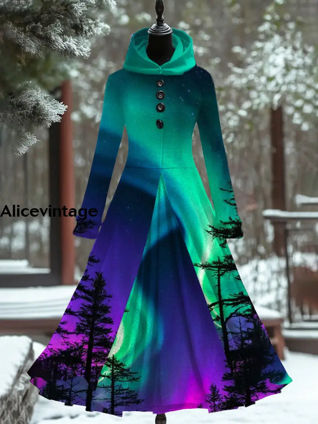 Retro Aurora Art Print Hooded Patchwork Long Sleeve 50S Elegant Slim Fake Two-Piece Midi Dress A / S