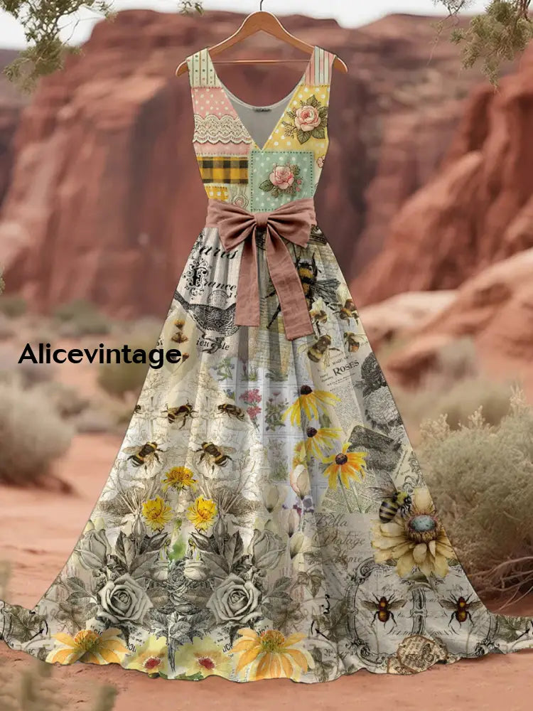 Retro Bee Boho Floral Art Print V-Neck Sleeveless Cotton Maxi Dress A / S