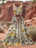 Retro Bee Boho Floral Art Print V-Neck Sleeveless Cotton Maxi Dress A / S