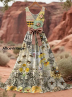Retro Bee Boho Floral Art Print V-Neck Sleeveless Cotton Maxi Dress A / S