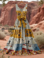 Retro Bee Boho Floral Art Print V-Neck Sleeveless Cotton Maxi Dress A / S