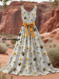 Retro Bee Floral Art Print V-Neck Sleeveless Cotton Maxi Dre A / S