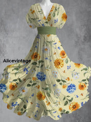 Retro Bee Floral Art Printed Elegant V-Neck Vintage Short Sleeve Maxi Dress A / S