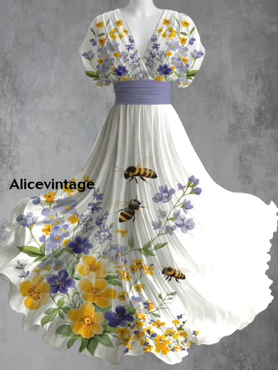 Retro Bee Floral Art Printed Elegant V-Neck Vintage Short Sleeve Maxi Dress A / S