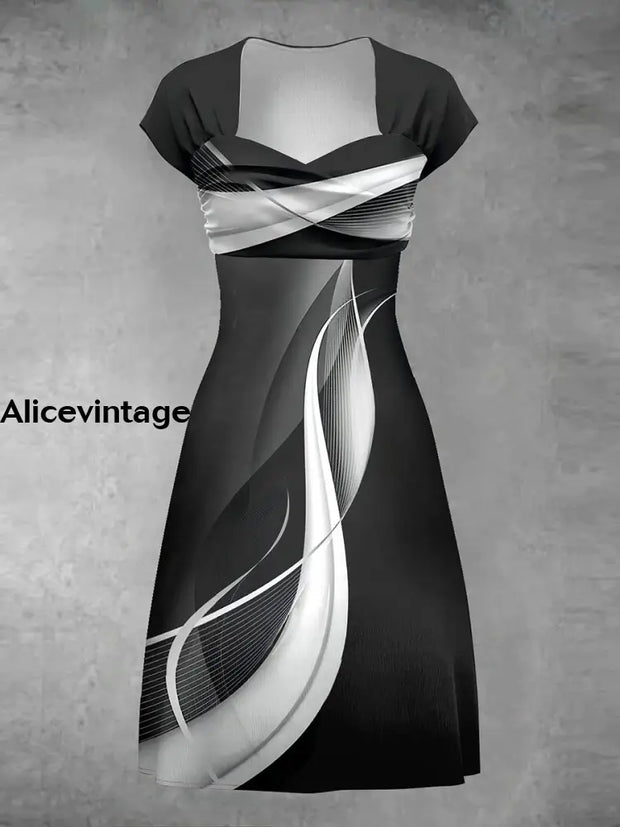 Retro Black And White Abstract Art Print V-Neck Midi Dress