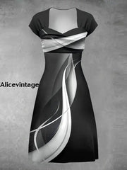 Retro Black And White Abstract Art Print V-Neck Midi Dress A / S