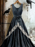 Retro Black Boho Floral Art Print Vintage V-Neck Sleeveless Lace Patch Dress A / S