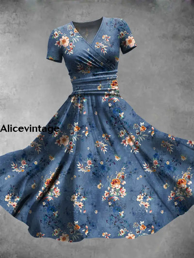 Retro Blue Floral Print V-Neck Short Sleeve Midi Dress A / S