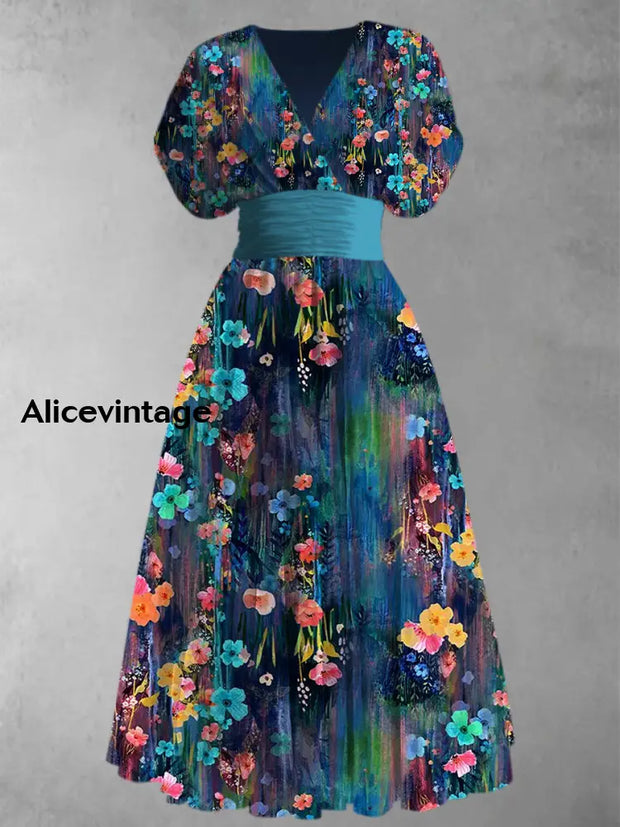 Retro Bluish Floral Art Print V-Neck Short Sleeve Vintage Maxi Dress A / S