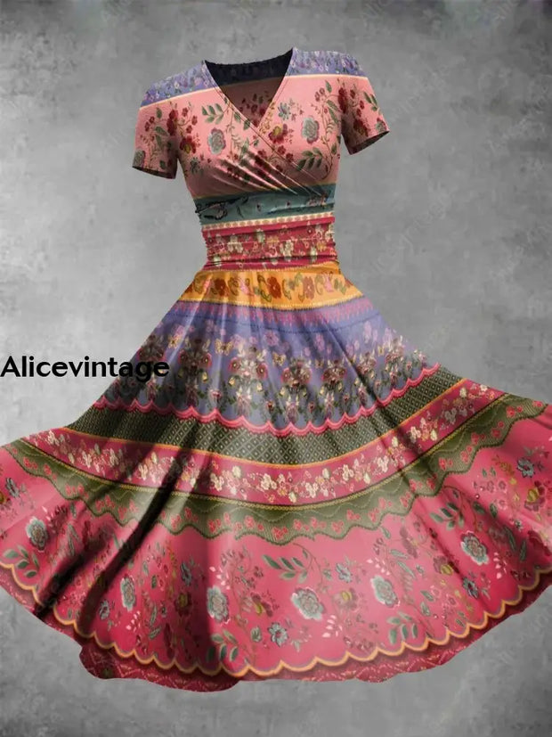 Retro Bohemian Art Print V-Neck Short Sleeve Midi Dress A / S