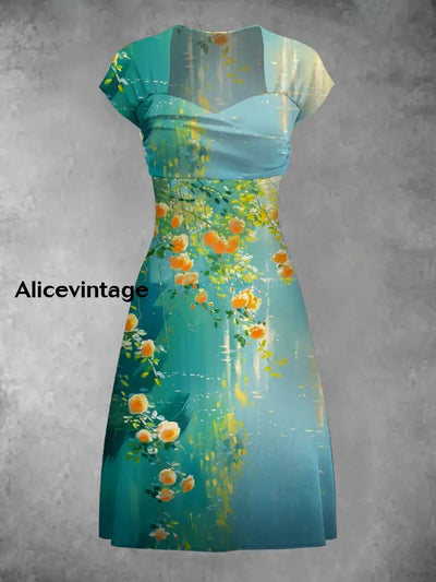 Retro Bohemian Style Art Print Elegant Chic Short-Sleeved Temperament Dress A / S