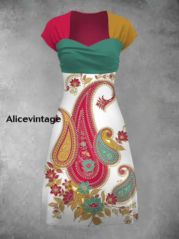 Retro Bohemian Style Art Print Elegant Chic Short-Sleeved Temperament Dress A / S